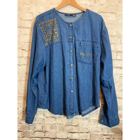 Vintage Sold Out Top Womens 3X Denim Blue Jean Cotton Button Front Painted Plus - Picture 1 of 11